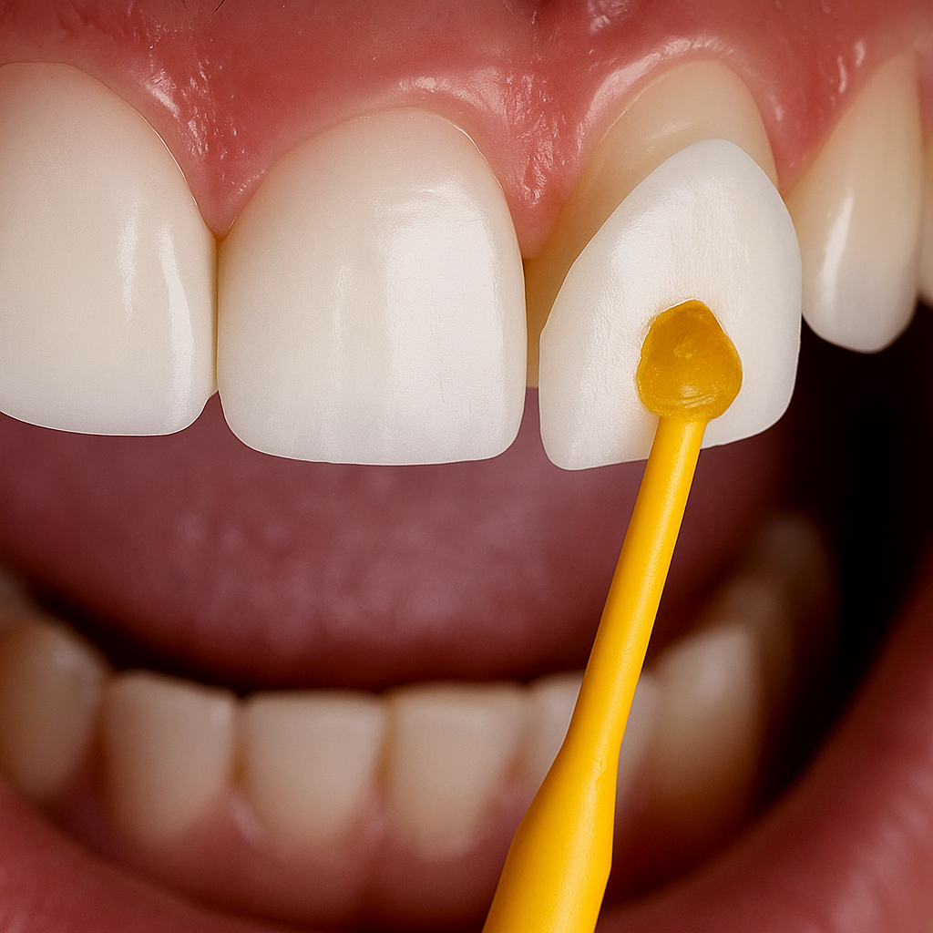 A smiling woman with perfect white teeth, showing off porcelain veneers.